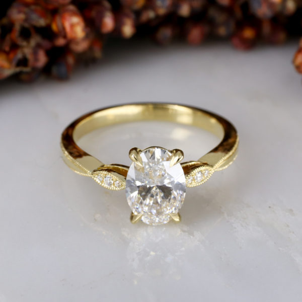 18ct yellow gold Vintage style engagement ring with lab-grown oval diamond