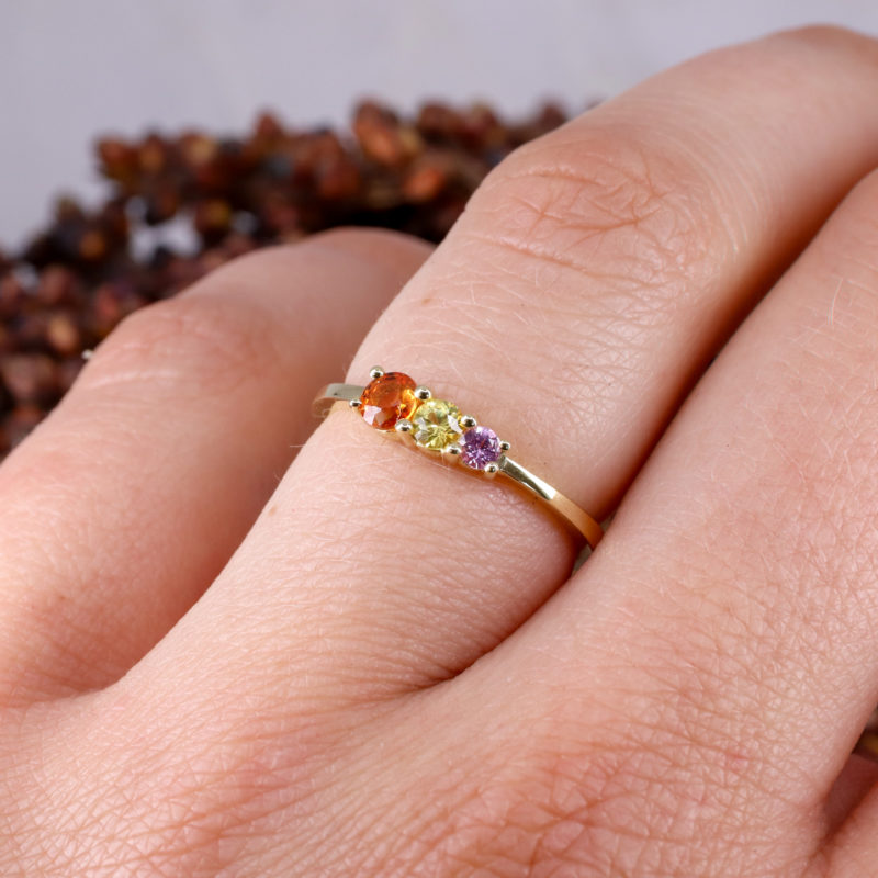 18ct yellow gold triple sunset sapphire ring