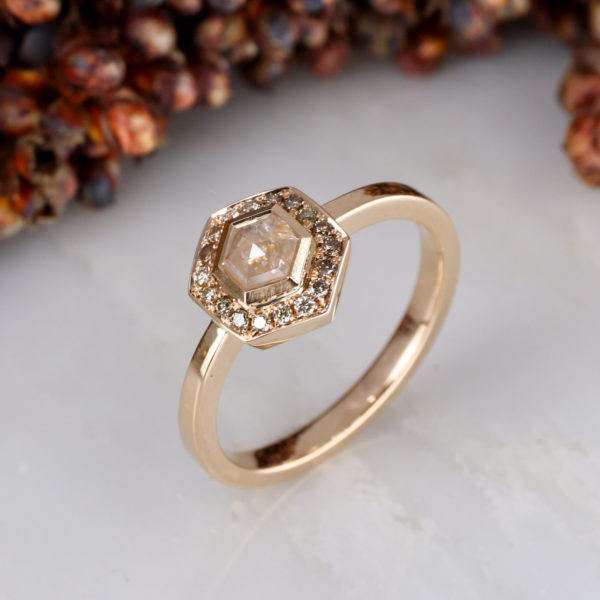 18ct rose gold Ceyenne pepper Hexagon diamond halo engagement ring
