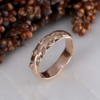 Rose and thorn - 9R gents band with cinnamon diamond set leaves - EXPORT-3 Rose and thorn - 9R gents band with cinnamon diamond set leaves - EXPORT-3