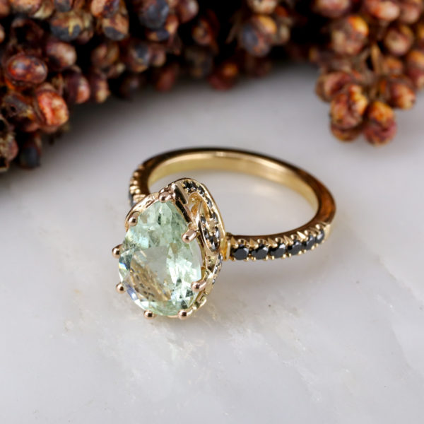 18ct rose gold Indian Emerald cocktail ring with black diamond filigree accents