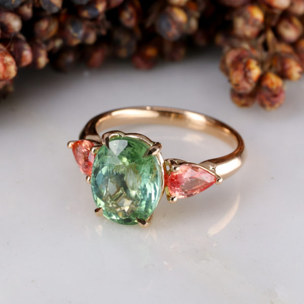 18ct rose gold Classic Coco Trilogy ring with Mint Tourmaline and Padparadscha Sapphires