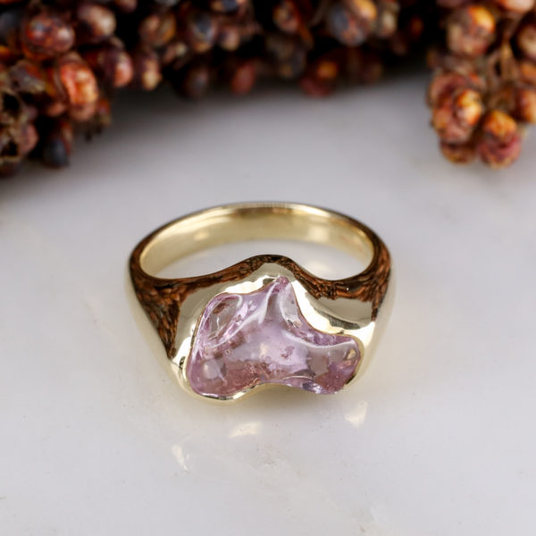 9ct yellow gold Jelly Bean signet ring with Freeform Pink sapphire