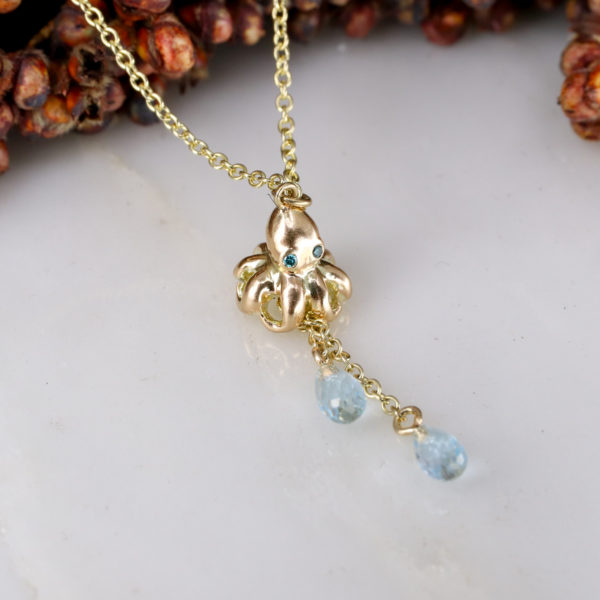 9ct yellow gold Octopus necklace with Blue Diamond eyes and Topaz Drops