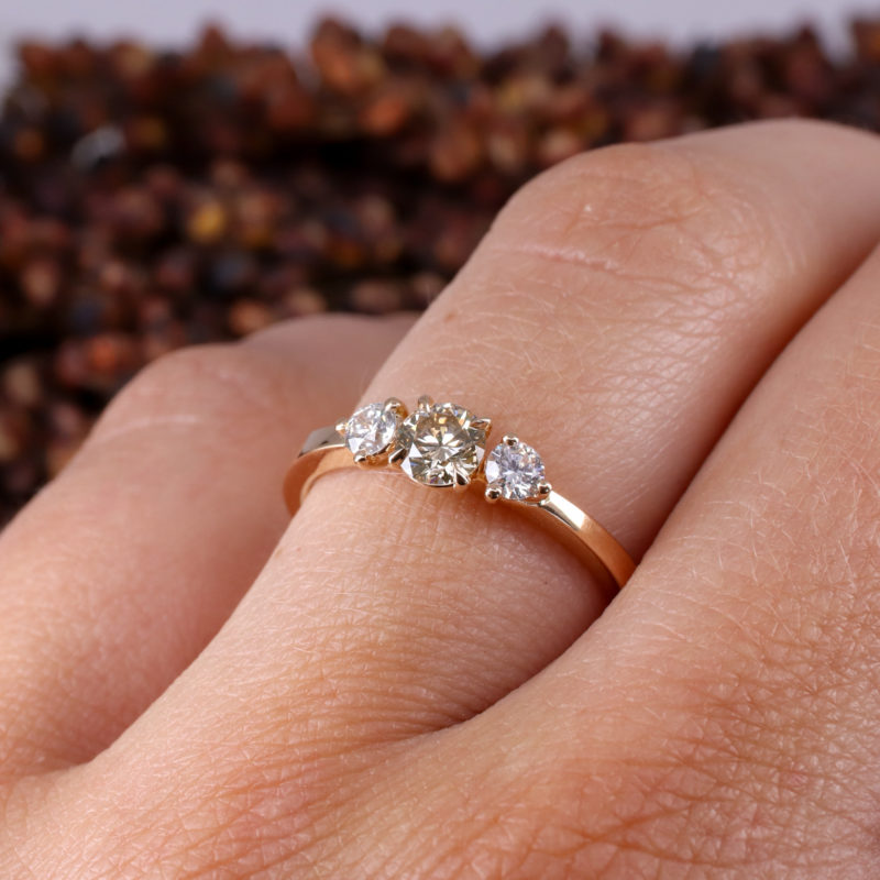 18ct rose gold trilogy ring with champagne and white diamonds