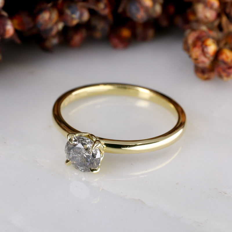 18ct yellow gold Tulip engagement ring with Botswana origin Salt and Pepper diamond