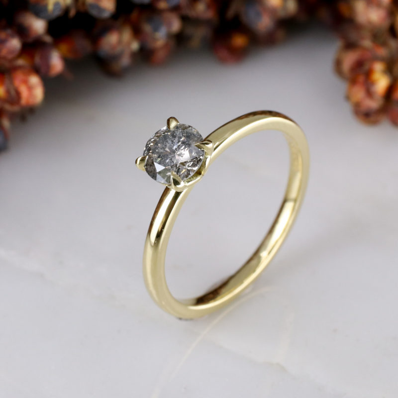 18ct yellow gold Tulip engagement ring with Botswana origin Salt and Pepper diamond