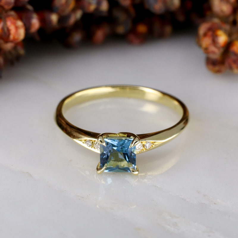 18ct yellow gold mini Coco engagement ring with Aquamarine and diamonds