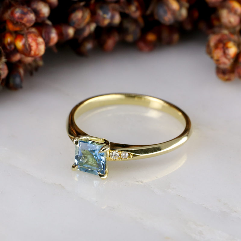 18ct yellow gold mini Coco engagement ring with Aquamarine and diamonds