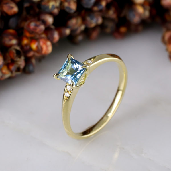 18ct yellow gold mini Coco engagement ring with Aquamarine and diamonds