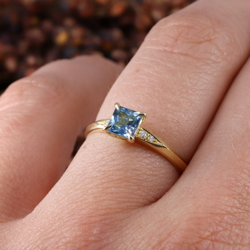 18ct yellow gold mini Coco engagement ring with Aquamarine and diamonds