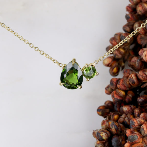 18ct yellow gold Lotte 'Toi et Moi' necklace with green Tourmaline and Sapphire