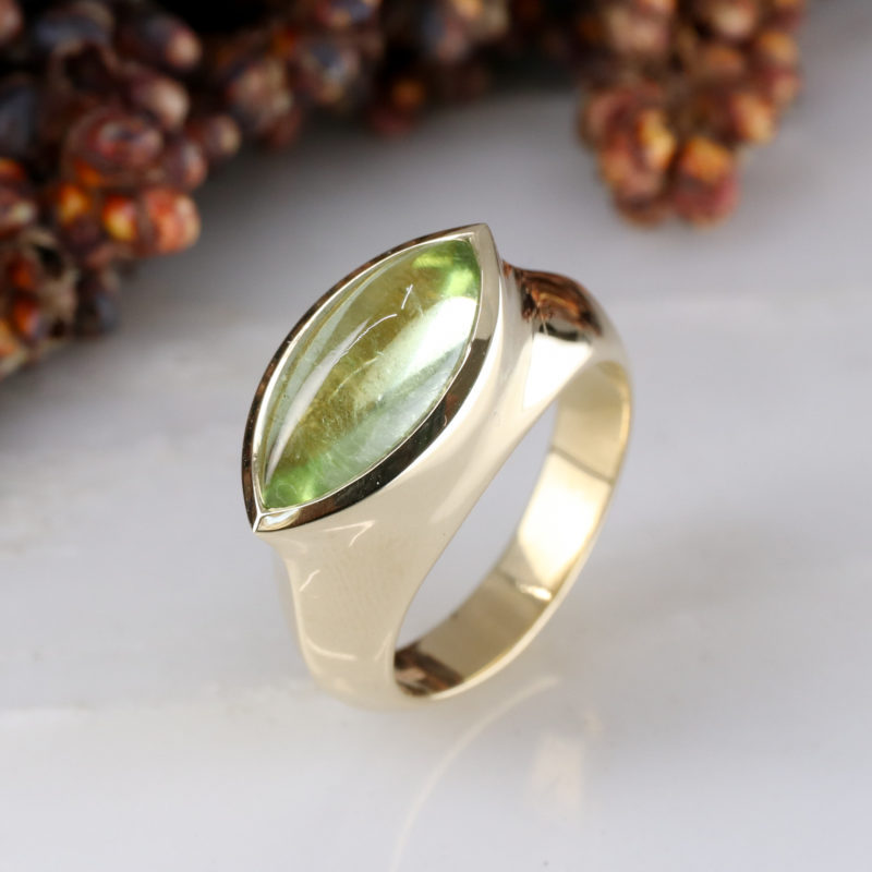 Spring green cabochon marquise cut tourmaline ring
