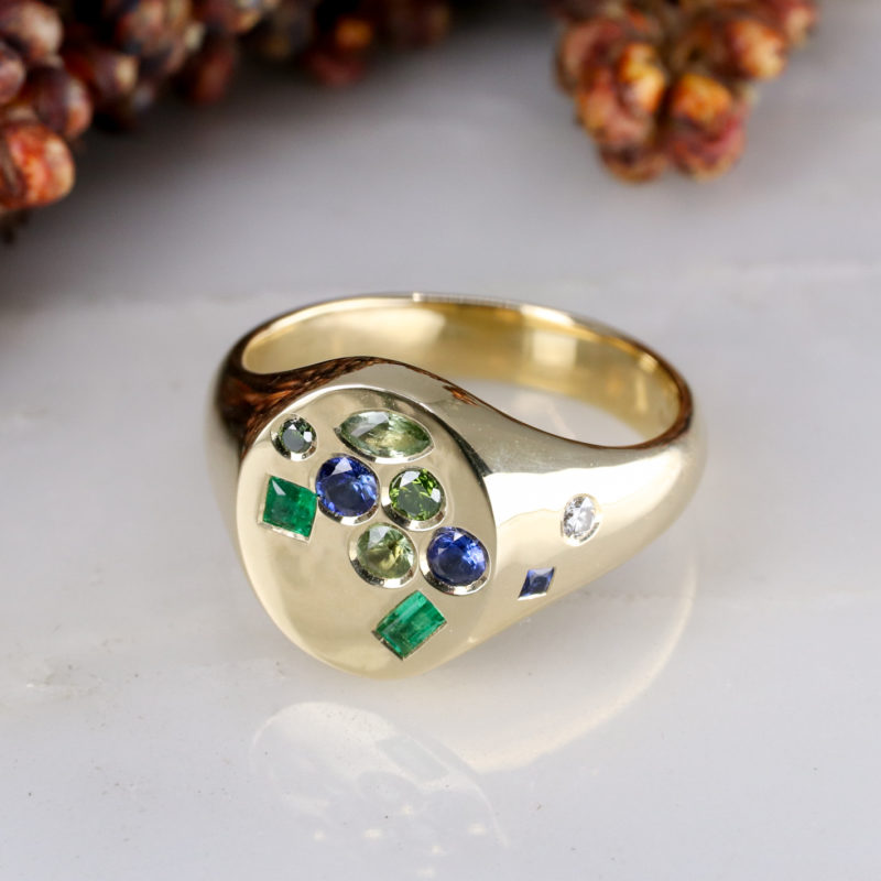 chunky Cascade signet ring with emerald, diamond and sapphire