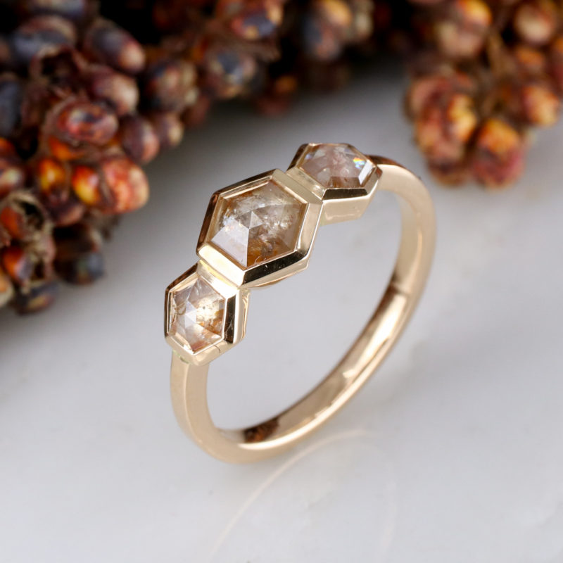 18ct rose gold hexagon diamond trilogy ring