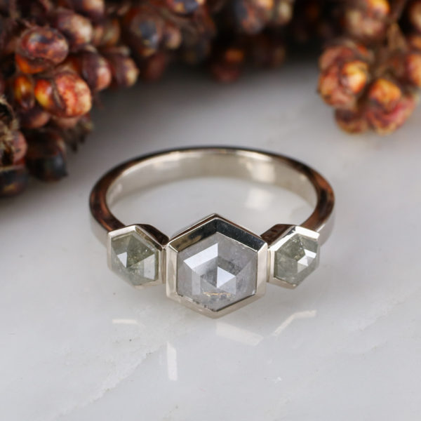 18ct white gold hexagon diamond trilogy engagement ring