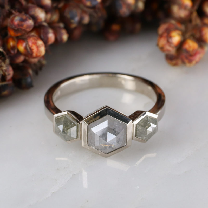 18ct white gold hexagon diamond trilogy engagement ring