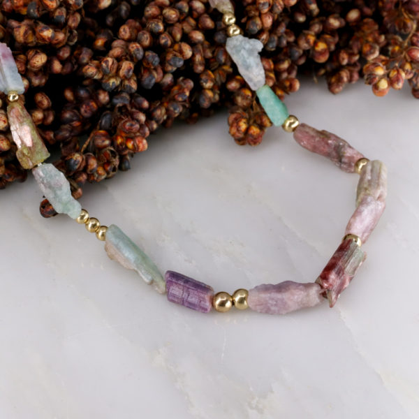 9ct yellow gold rough tourmaline bead necklace