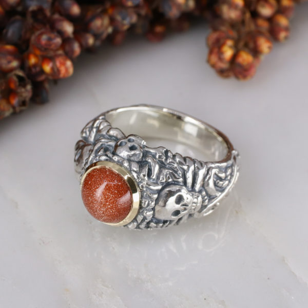 Goldstone Pirate ring in silver with 9ct yellow gold