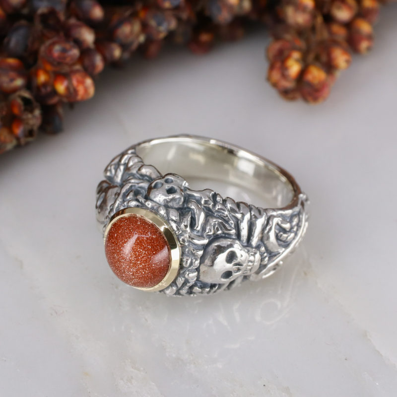 Goldstone Pirate ring in silver with 9ct yellow gold