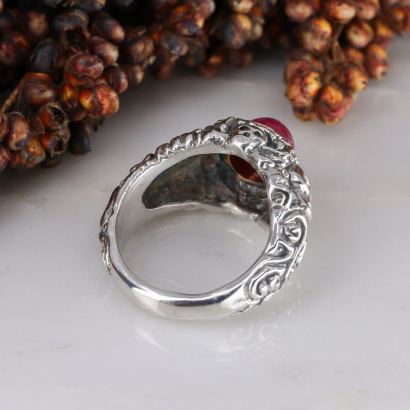 Silver pirate ring with 9ct rose gold rubover set ruby