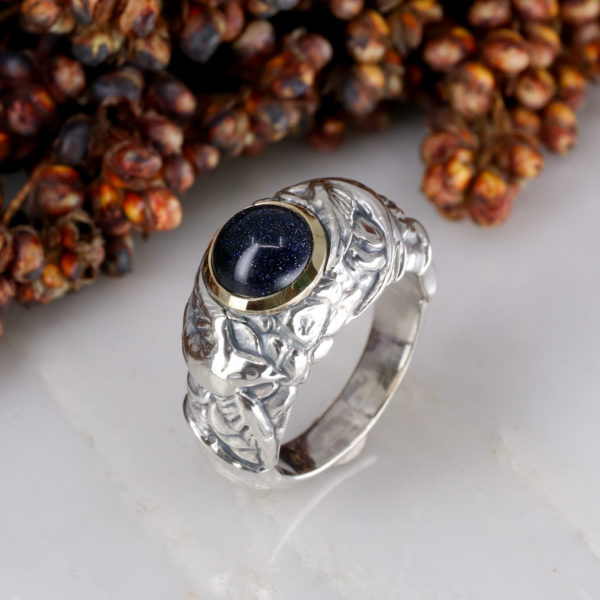 Silver and yellow gold Blue Goldstone Pirates and Swallows ring