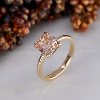 Pink cushion cut lab grown diamond engagement ring