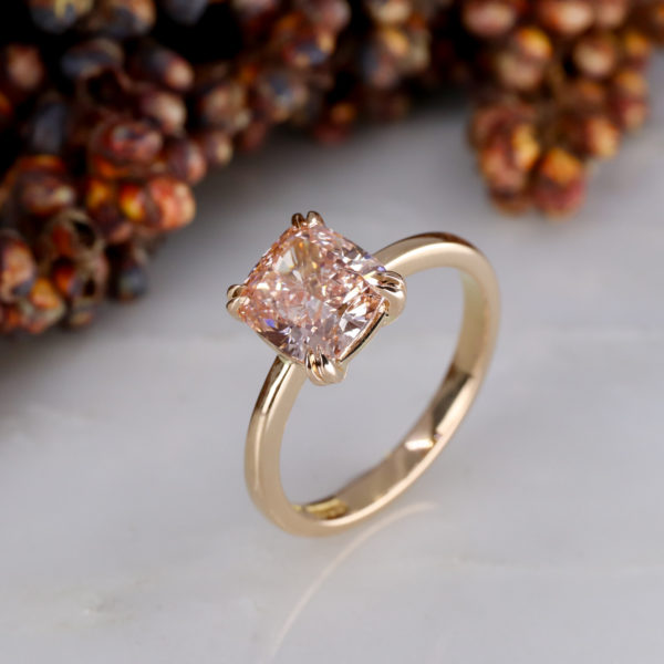 Pink cushion cut lab grown diamond engagement ring
