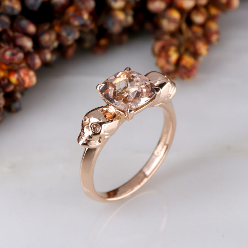 9ct rose gold morganite double skull ring