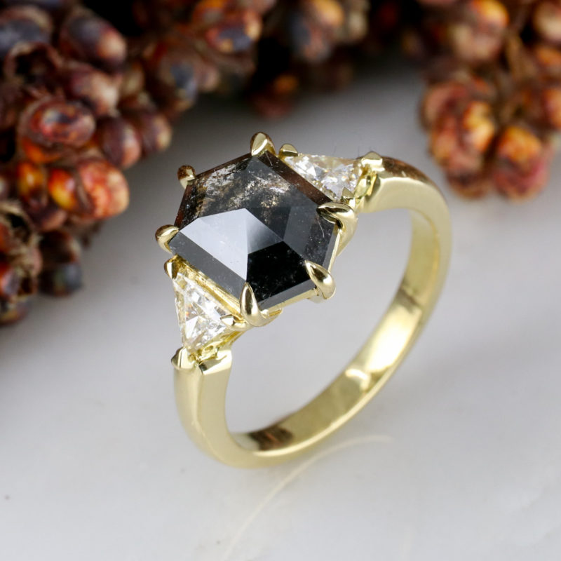 18ct yellow gold salt and pepper hexagon and triangle diamond trilogy ring