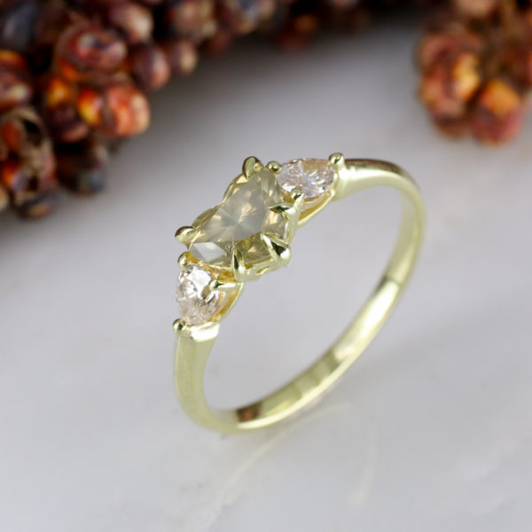 18ct yellow gold smoky heart shaped diamond trilogy ring