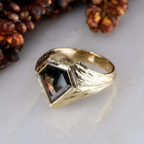 9ct yellow gold shield shape salt and pepper diamond ring