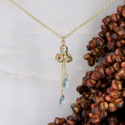 Octopus - 9Y octopus with blue diamond eyes and hanging topaz briolettes-3