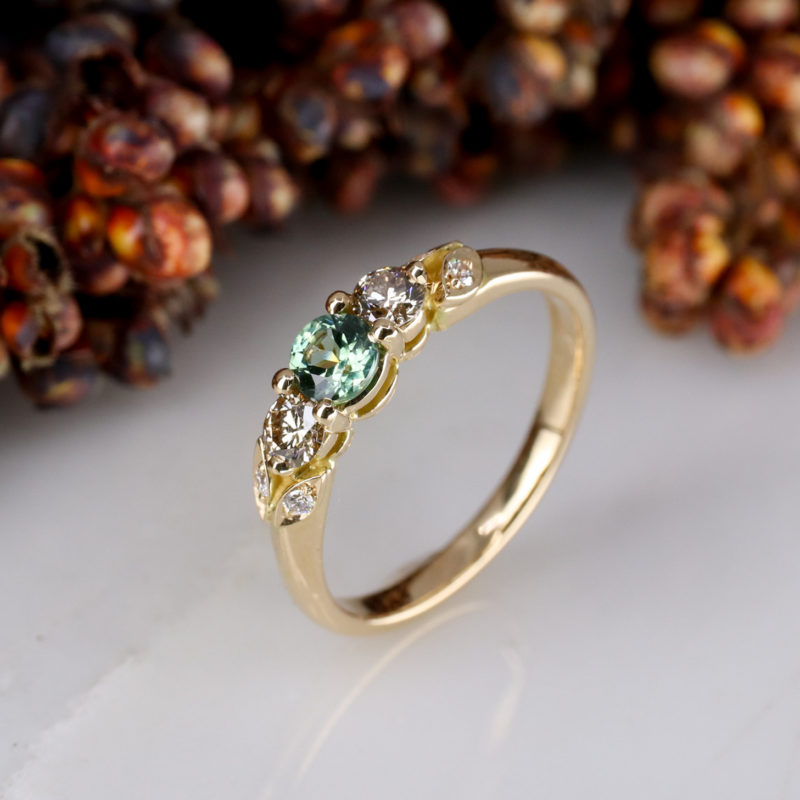 18ct rose gold teal sapphire mini rose and thorn trilogy ring