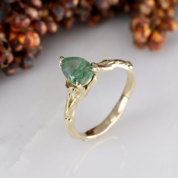 9ct yellow gold woodland moss-agate engagement ring
