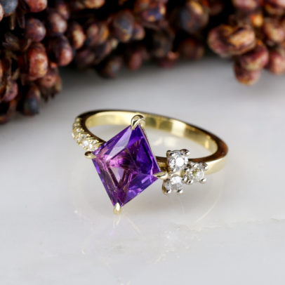kite shape amethyst and diamond engagement ring