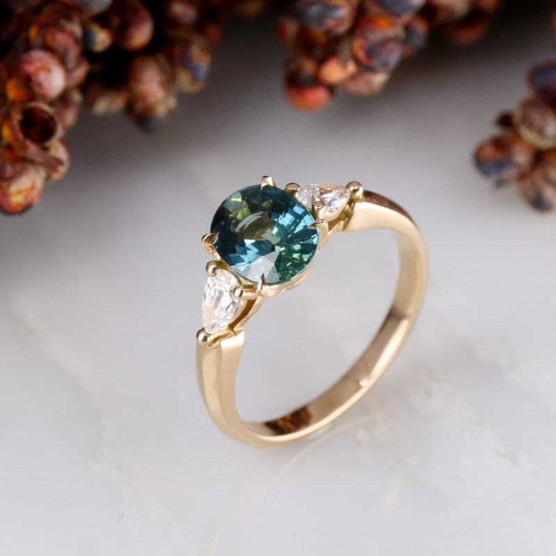 18ct rose gold Coco trilogy with teal sapphire and diamonds