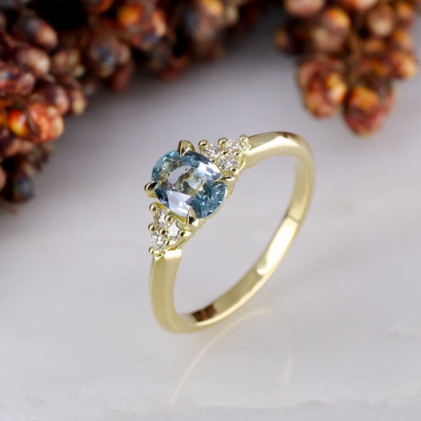 18ct yellow gold mini Coco cluster engagement ring with teal sapphire